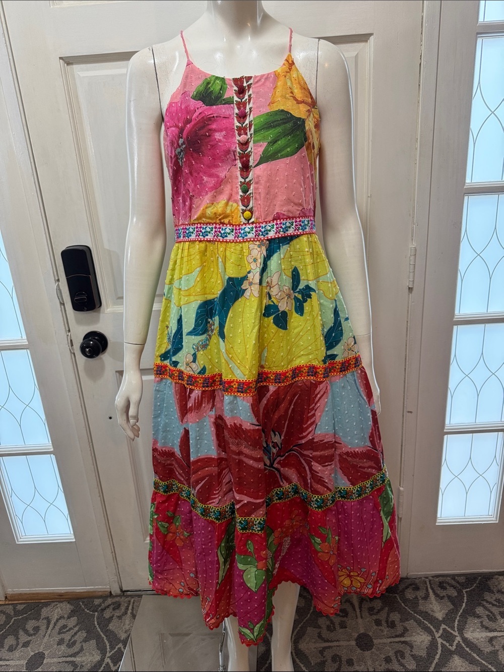 Farm Rio Tiered Cotton Tank Midi In Mixed Garden Floral Dress Size XSMALL - Picture 2 of 15